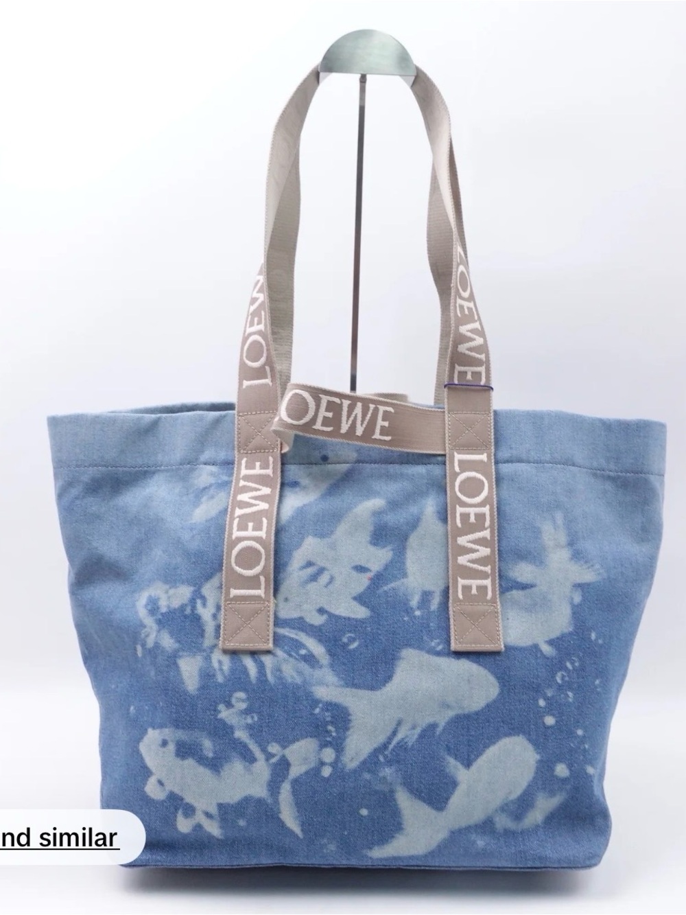 Loewe Blue Denim Koi Motif Canvas Tote with Beige Logo Straps